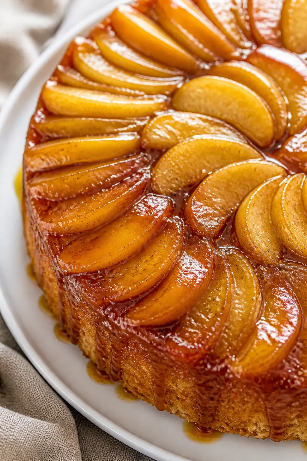 Close-up detail shot: freshly flipped Caramel Apple Upside Down Cake, caramel-glossy apple fans in t