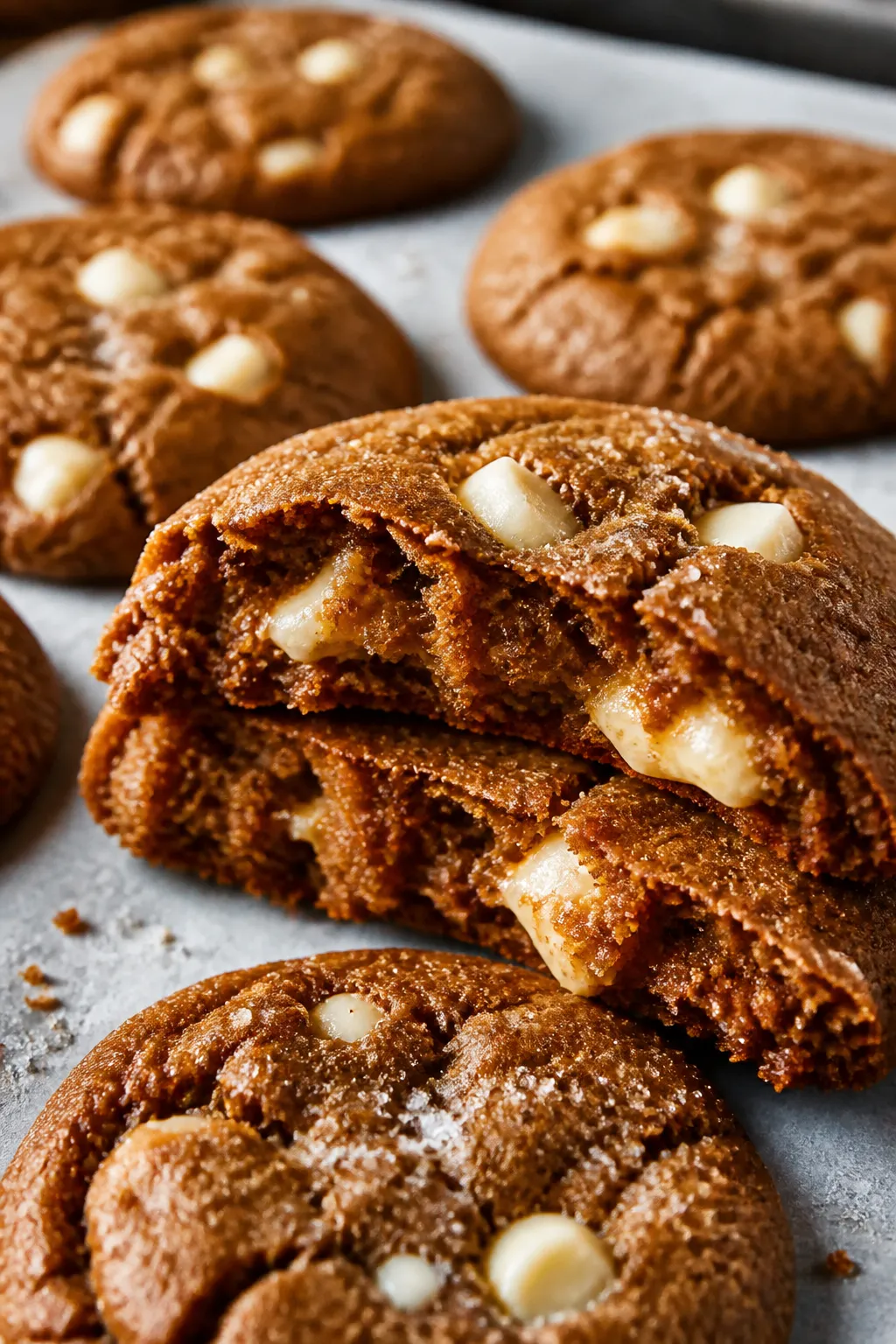 Close-up detail shot of a freshly baked gingerbread white chocolate chip cookie just off the sheet, 
