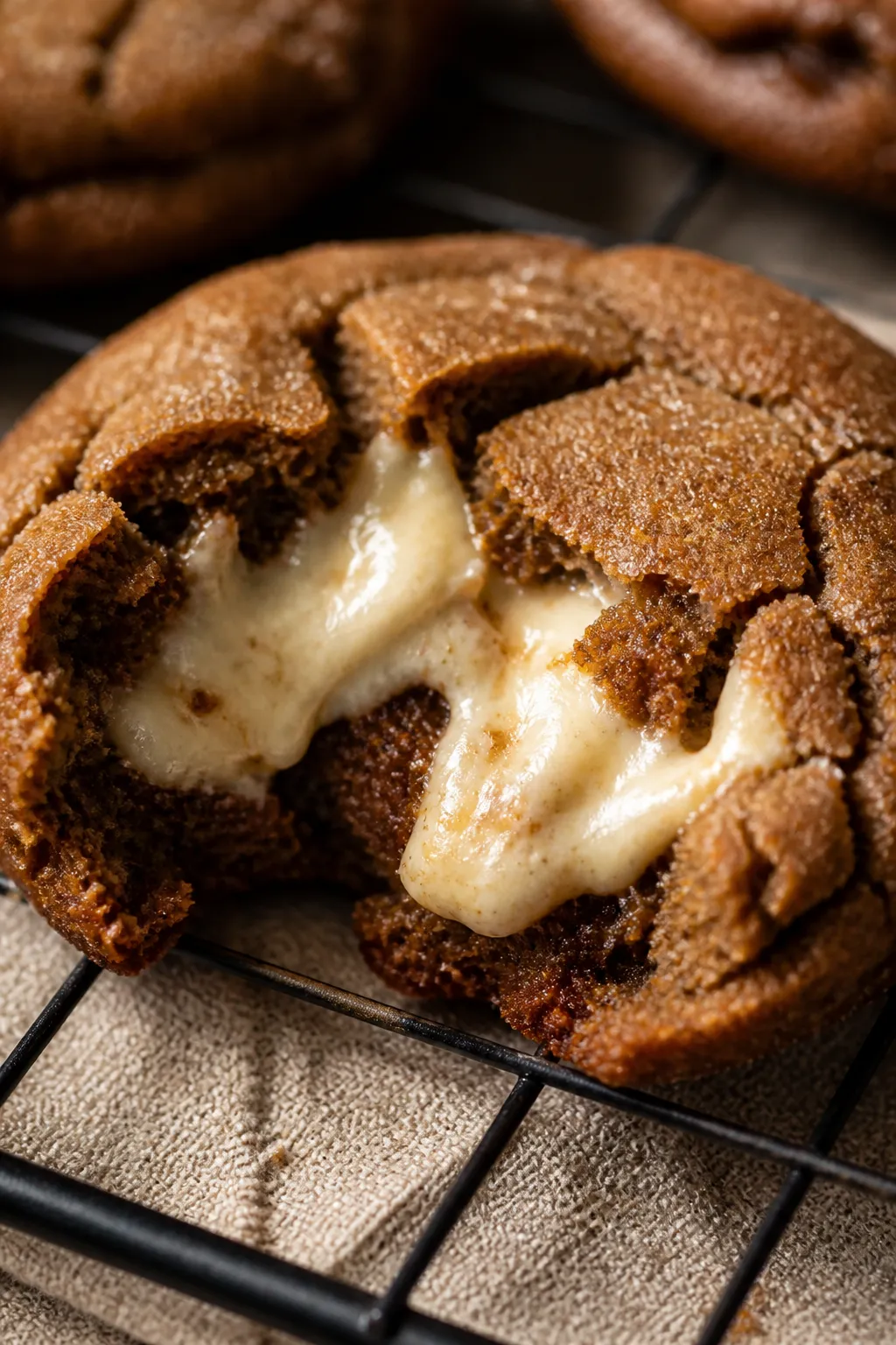 Close-up detail shot of a just-baked gingerbread cheesecake cookie cracked open to reveal the silky,