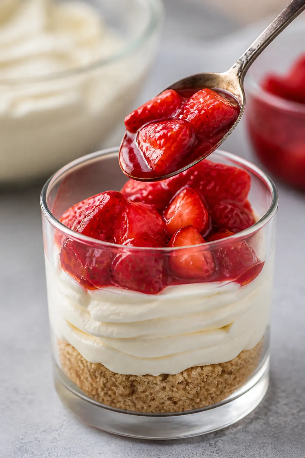 Close-up detail shot of a prepared Strawberry Crunch Cheesecake Cup mid-assembly: a clear glass cup 