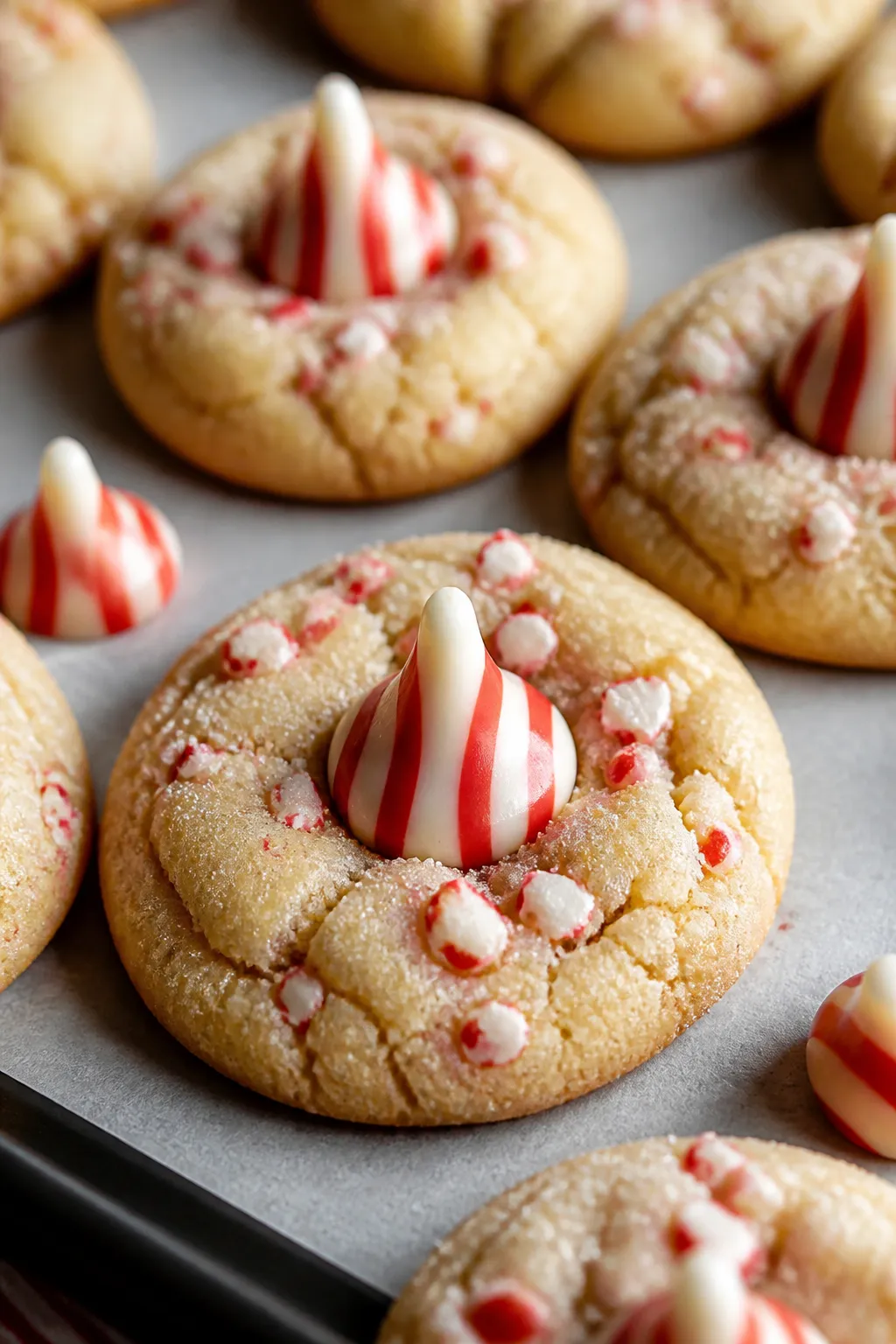 Close-up detail shot of freshly baked Candy Cane Kiss Cookies just out of the oven, each soft, sligh