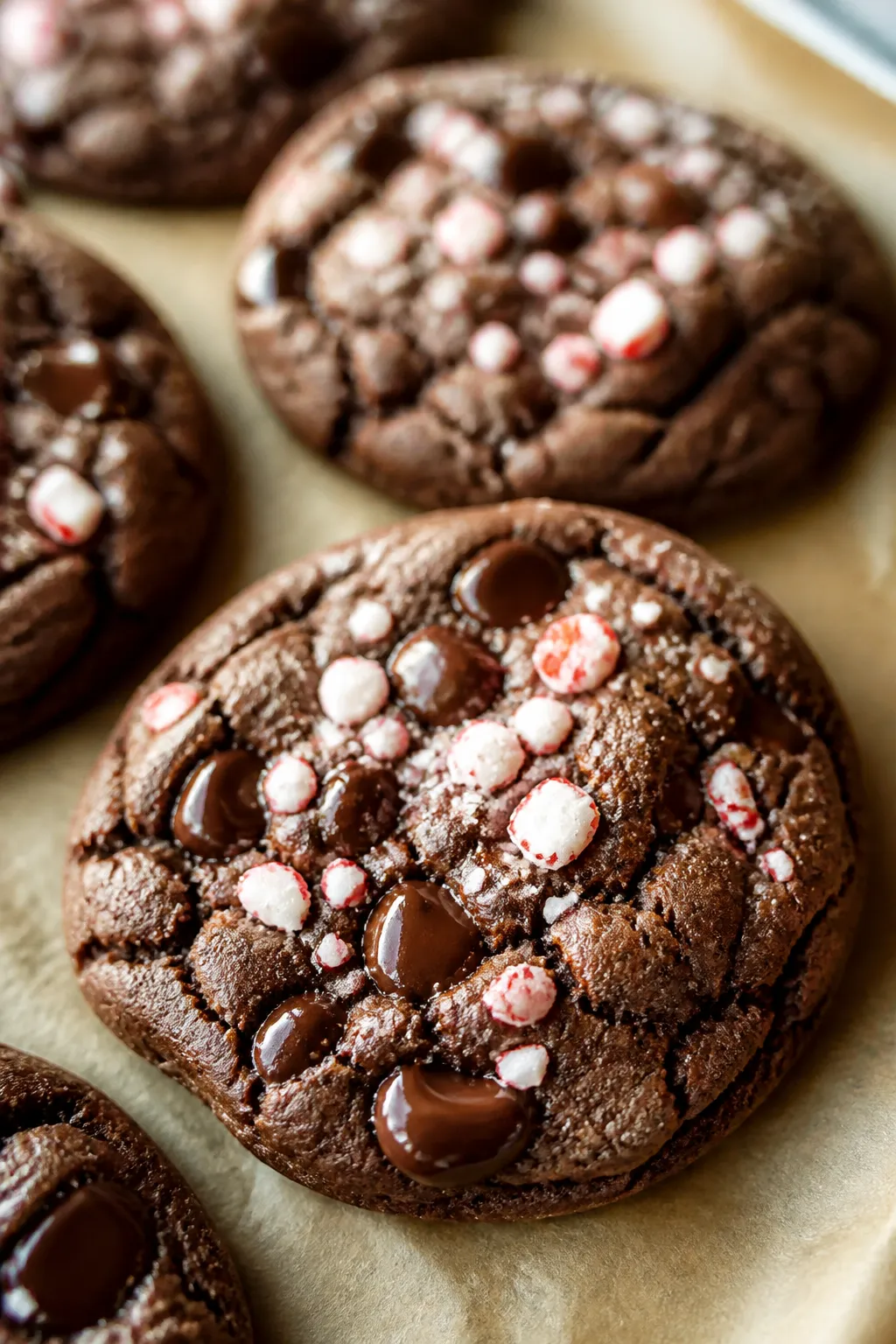 Close-up detail shot of freshly baked peppermint mocha cookies just out of the oven on a parchment-l