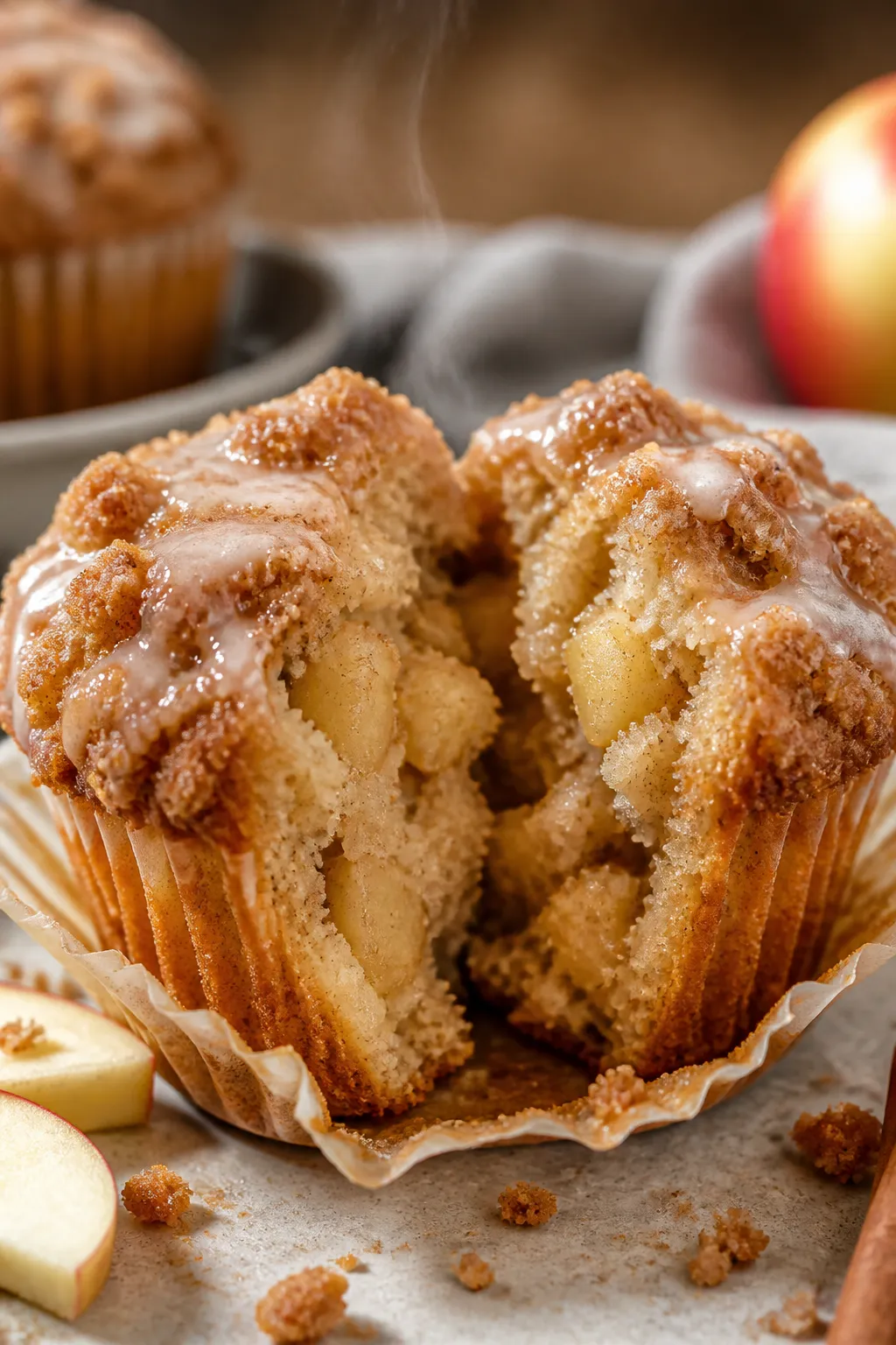 Close-up detail shot: Warm apple cinnamon streusel muffin just out of the tin, split open to reveal 