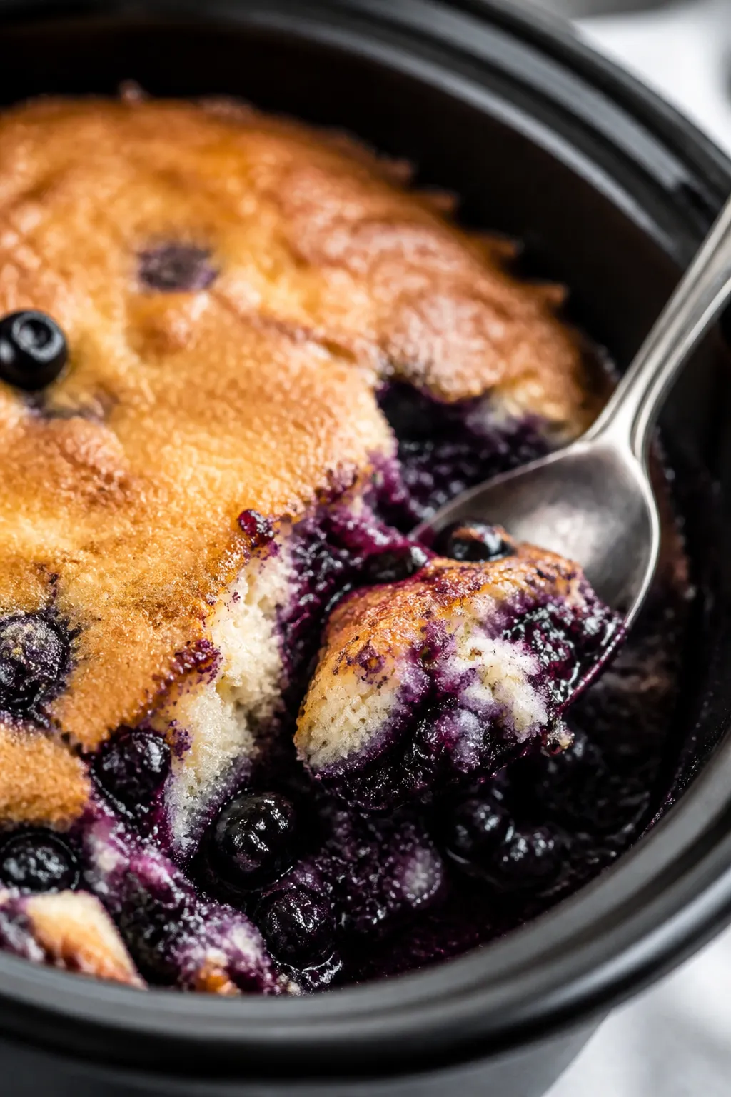 Close-up detail, side angle: Spoon breaking into a warm crockpot blueberry cobbler to reveal tender,