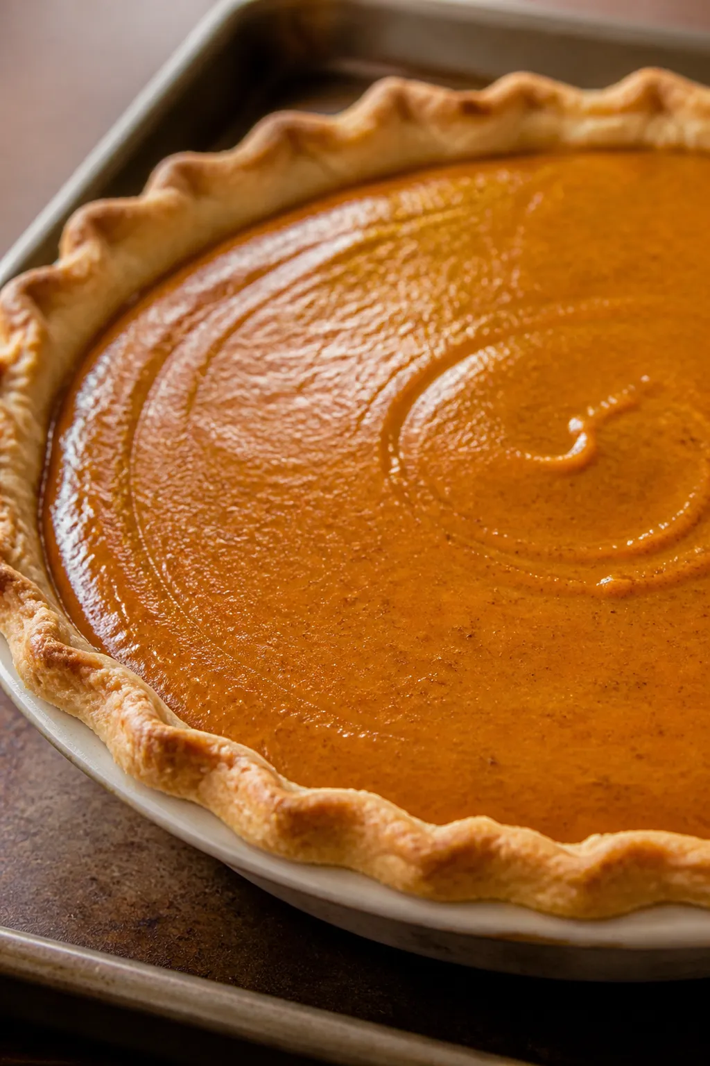 Close-up detail: Silky apple butter pumpkin custard just set in a flaky, golden-brown pie crust, cen