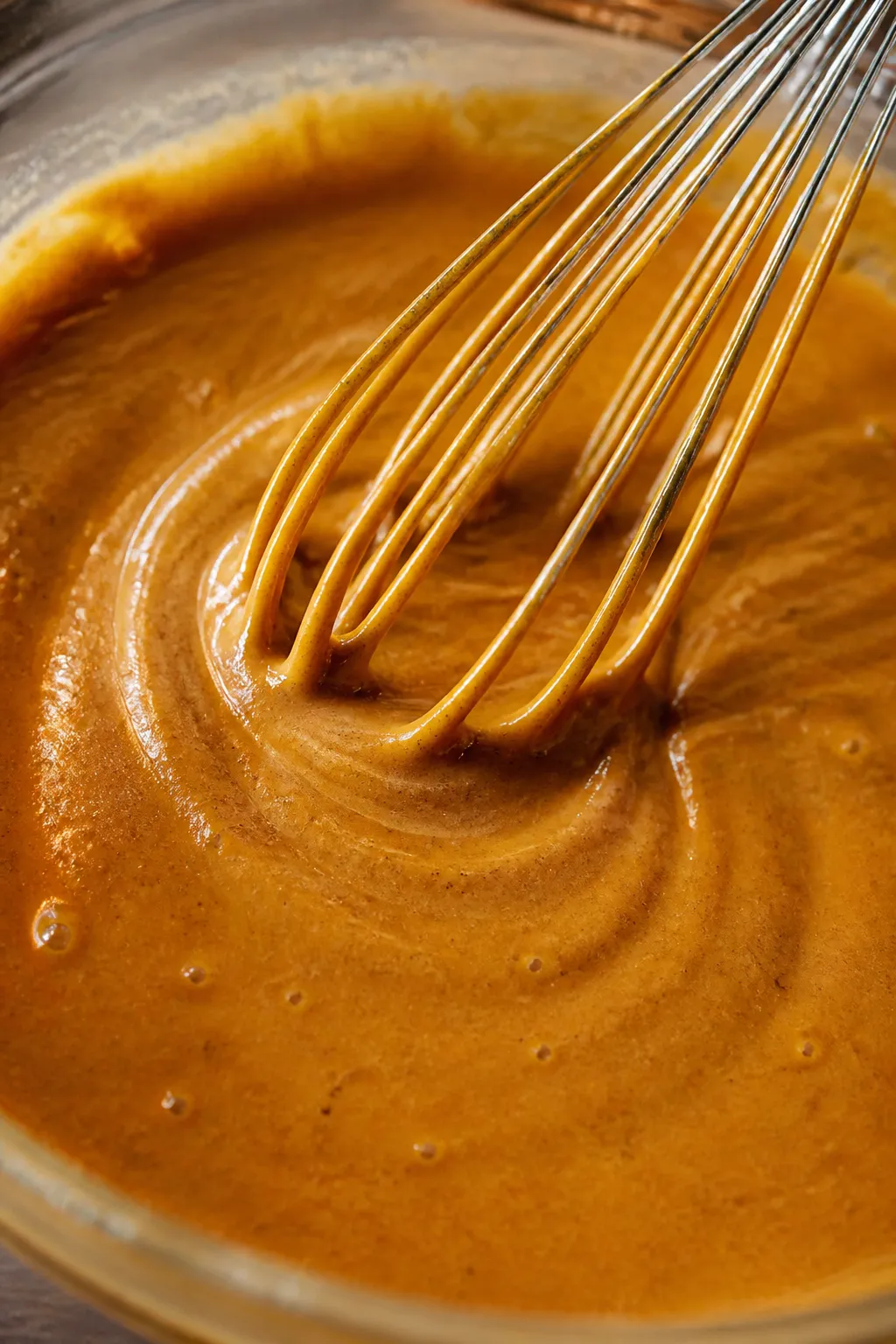 Close-up detail: Silky brown butter pumpkin pie filling being whisked to a glossy sheen in a bowl, s