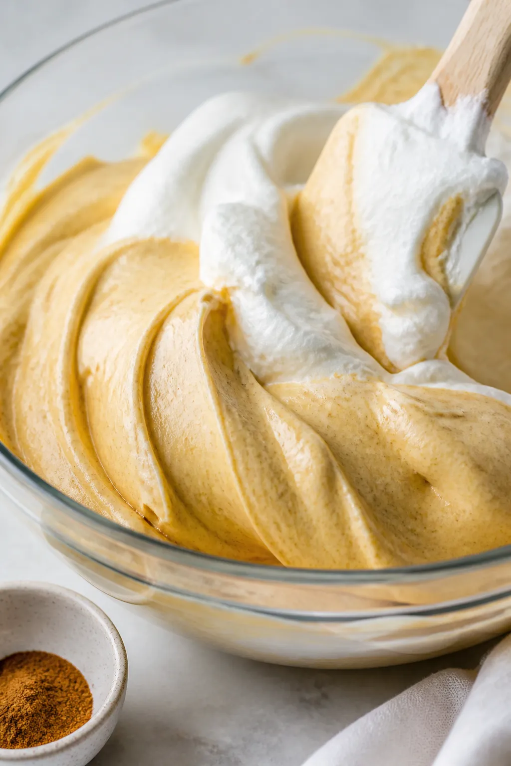 Close-up detail: Silky no-bake pumpkin cream filling being gently folded with whipped cream in a gla