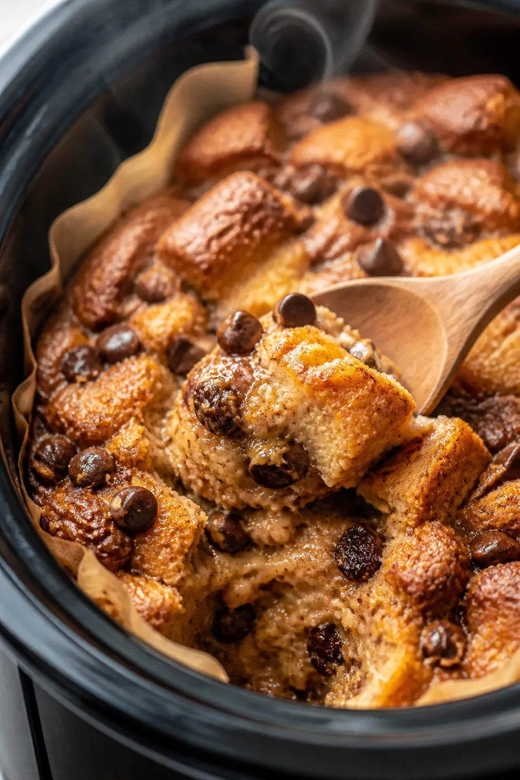 Close-up detail: Slow-cooker pumpkin bread pudding just finished cooking, edges gently browned and s