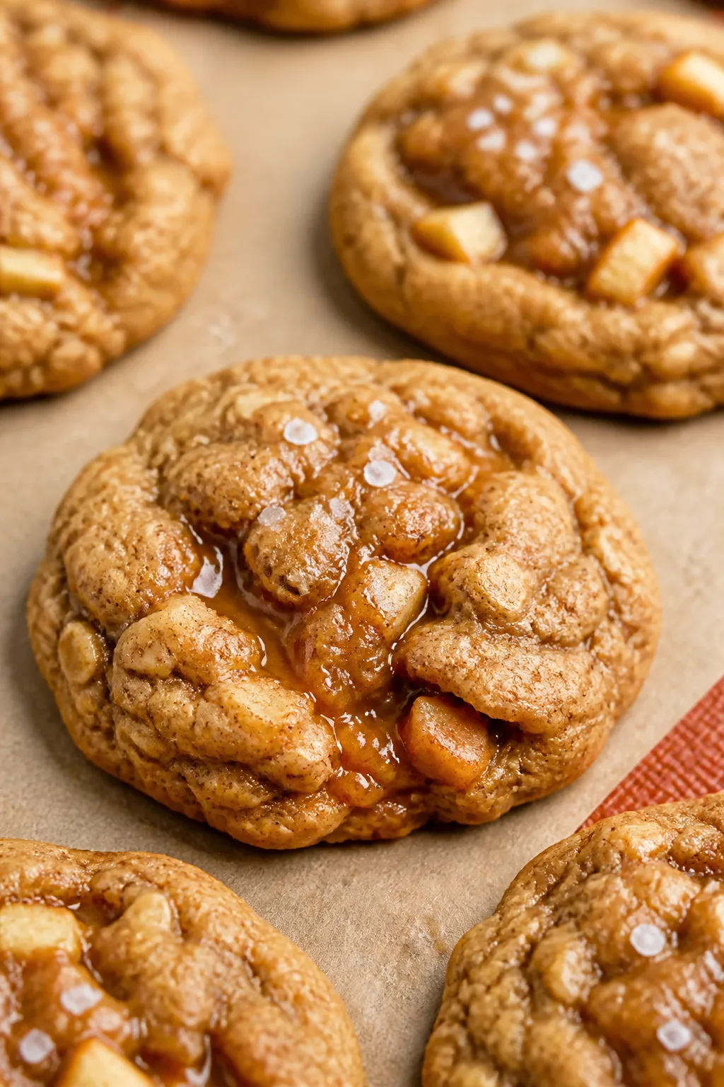 Close-up detail: Soft, chewy caramel apple oatmeal cookies just out of the oven, edges set and golde
