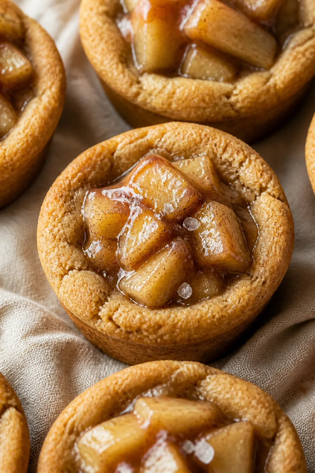 Close-up detail: Warm apple pie cookie cups just out of the oven after the final bake, golden-brown