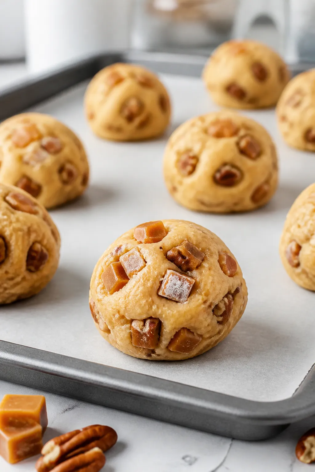 Cooking process: Chilled cookie dough balls studded with caramel bits and toasted pecans being porti
