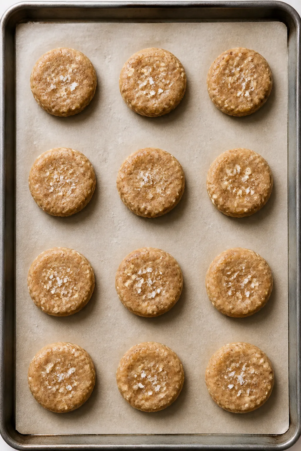 Cooking process: chilled cookie dough portions being gently pressed into thick disks on a parchment-