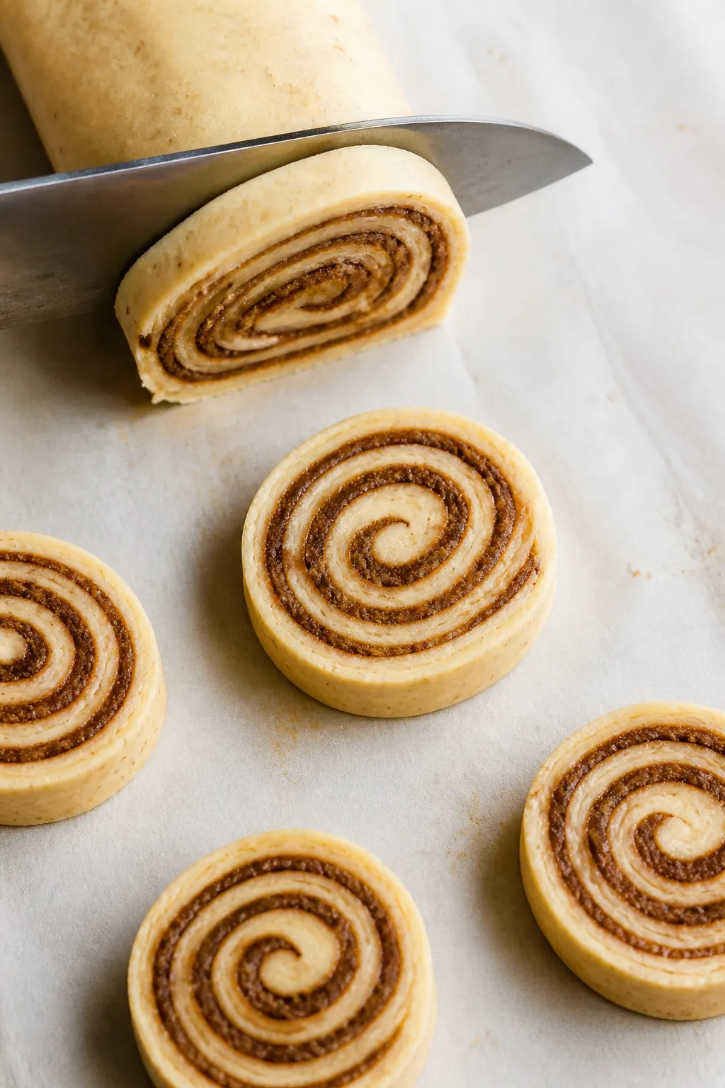 Cooking process: Chilled cookie log being sliced into neat 1/3-inch rounds on a parchment-lined surf