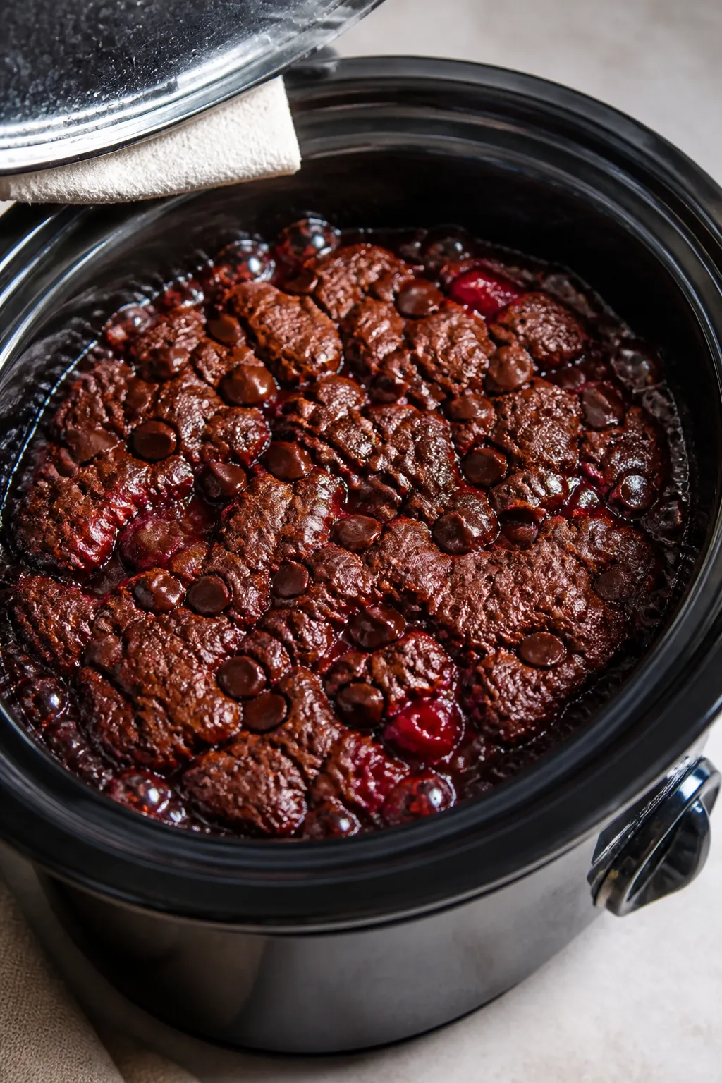 Cooking process close-up: A 5–6 quart slow cooker filled with bubbling Crockpot Cherry Chocolate D