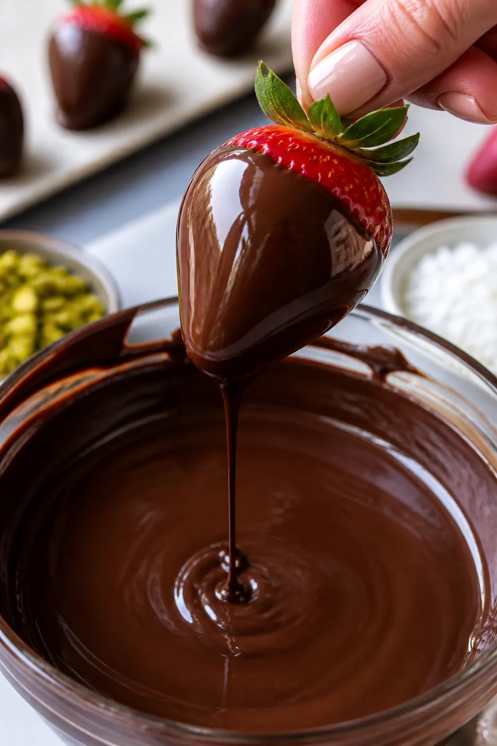 Cooking process close-up: A just-dipped chocolate-covered strawberry held by its green leaves above