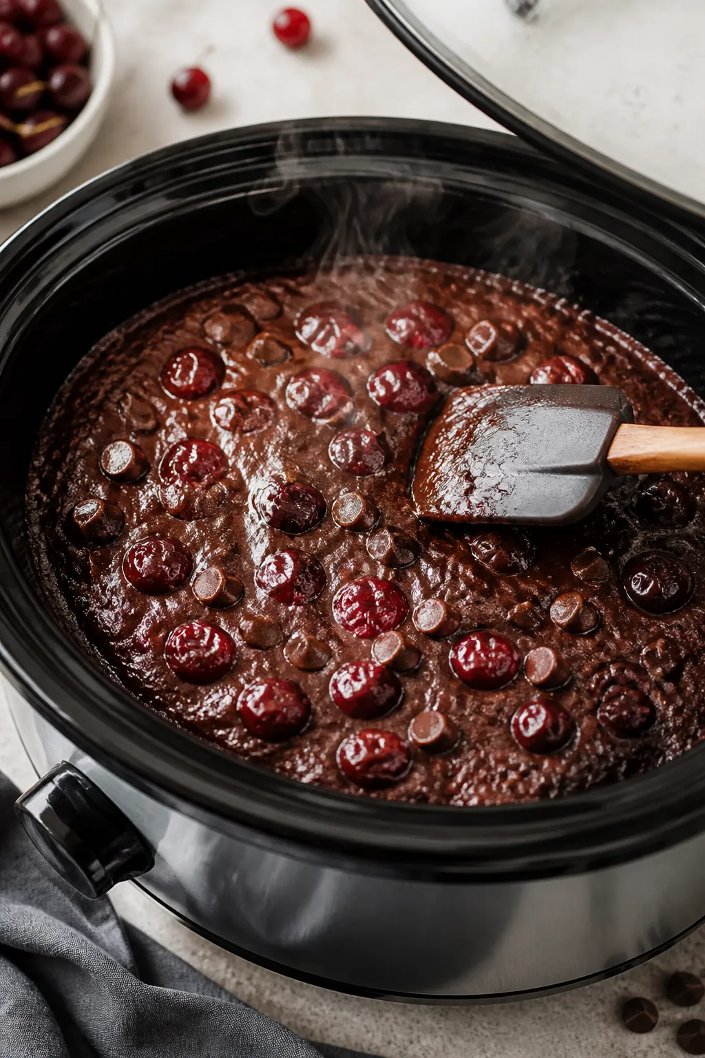 Cooking process, close-up detail: A 5–6 quart slow cooker filled with glossy, fudgy chocolate cher