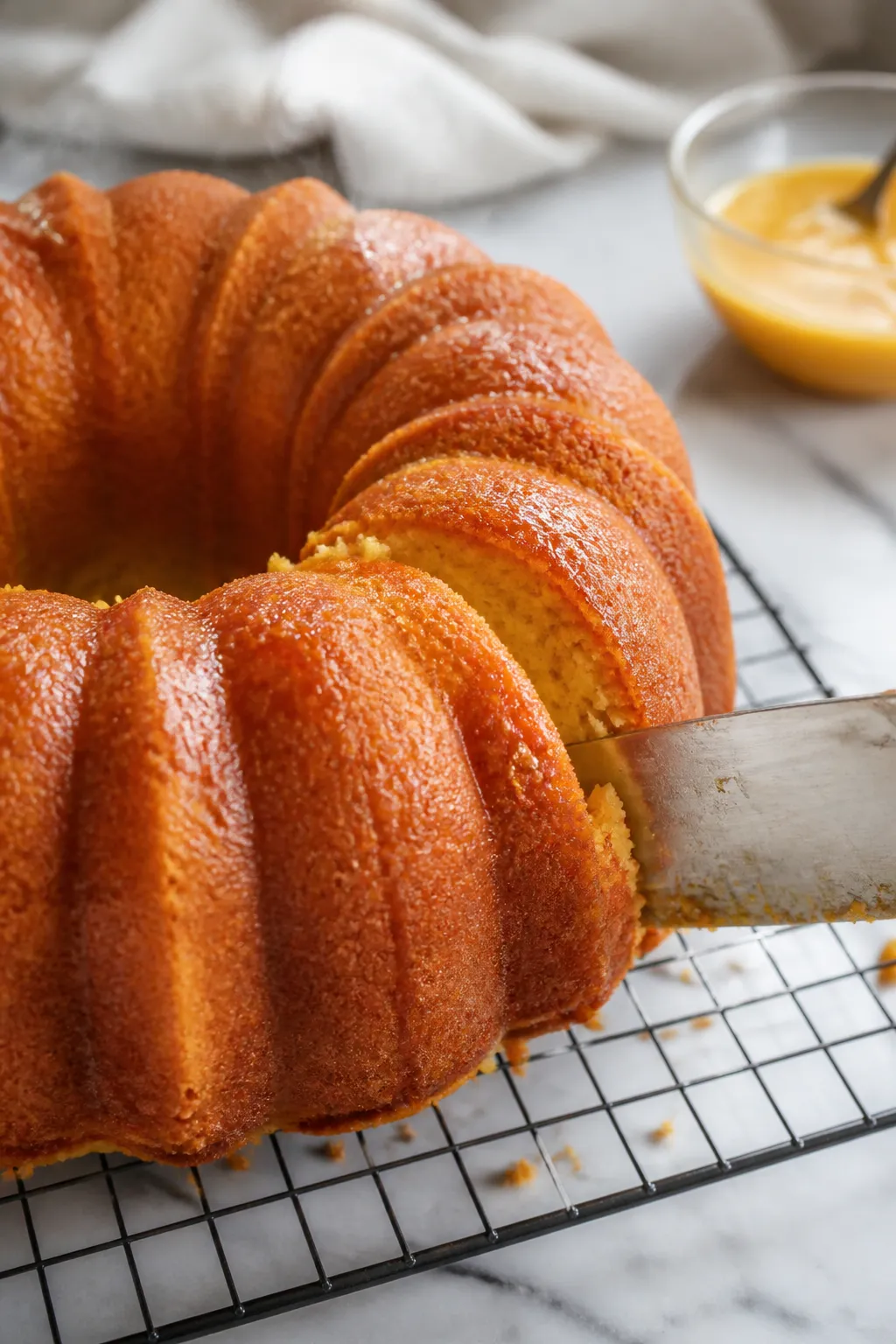 Cooking process, close-up detail: Close-up of freshly baked orange Bundt cake just released from a 1