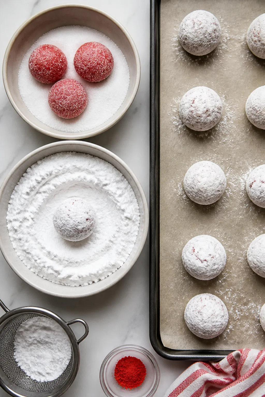 Cooking process: Dough balls being double-coated in sugar—first granulated, then heavily in powder