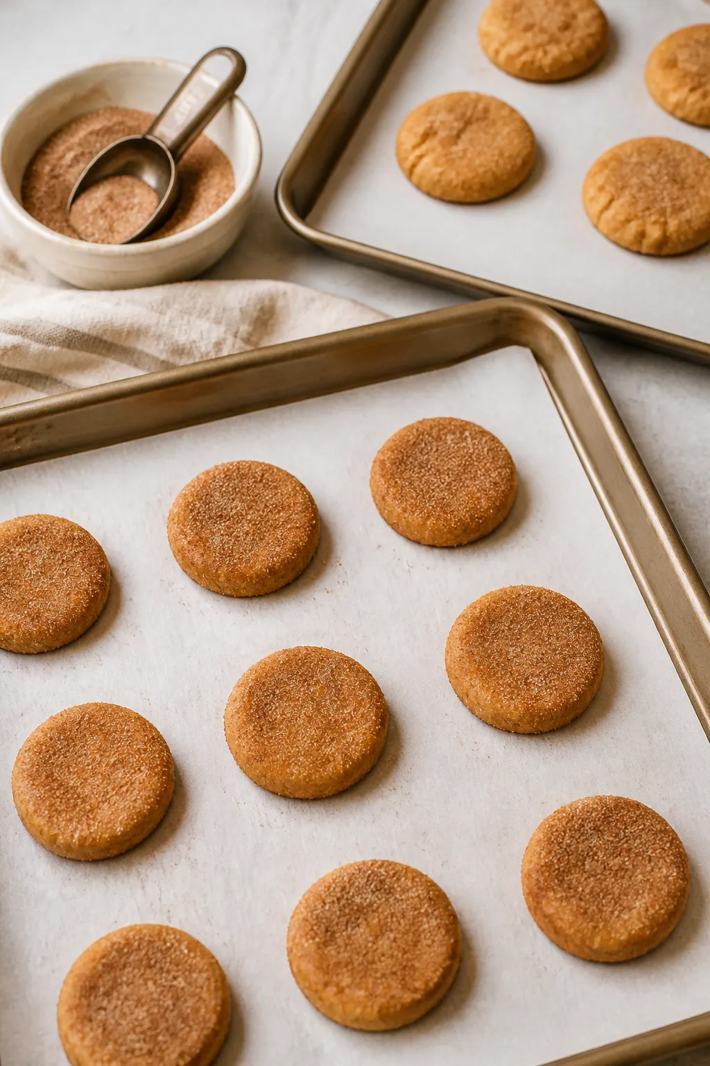 Cooking process: Dough balls for cinnamon sugar sweet potato cookies being gently flattened to 1/2 i