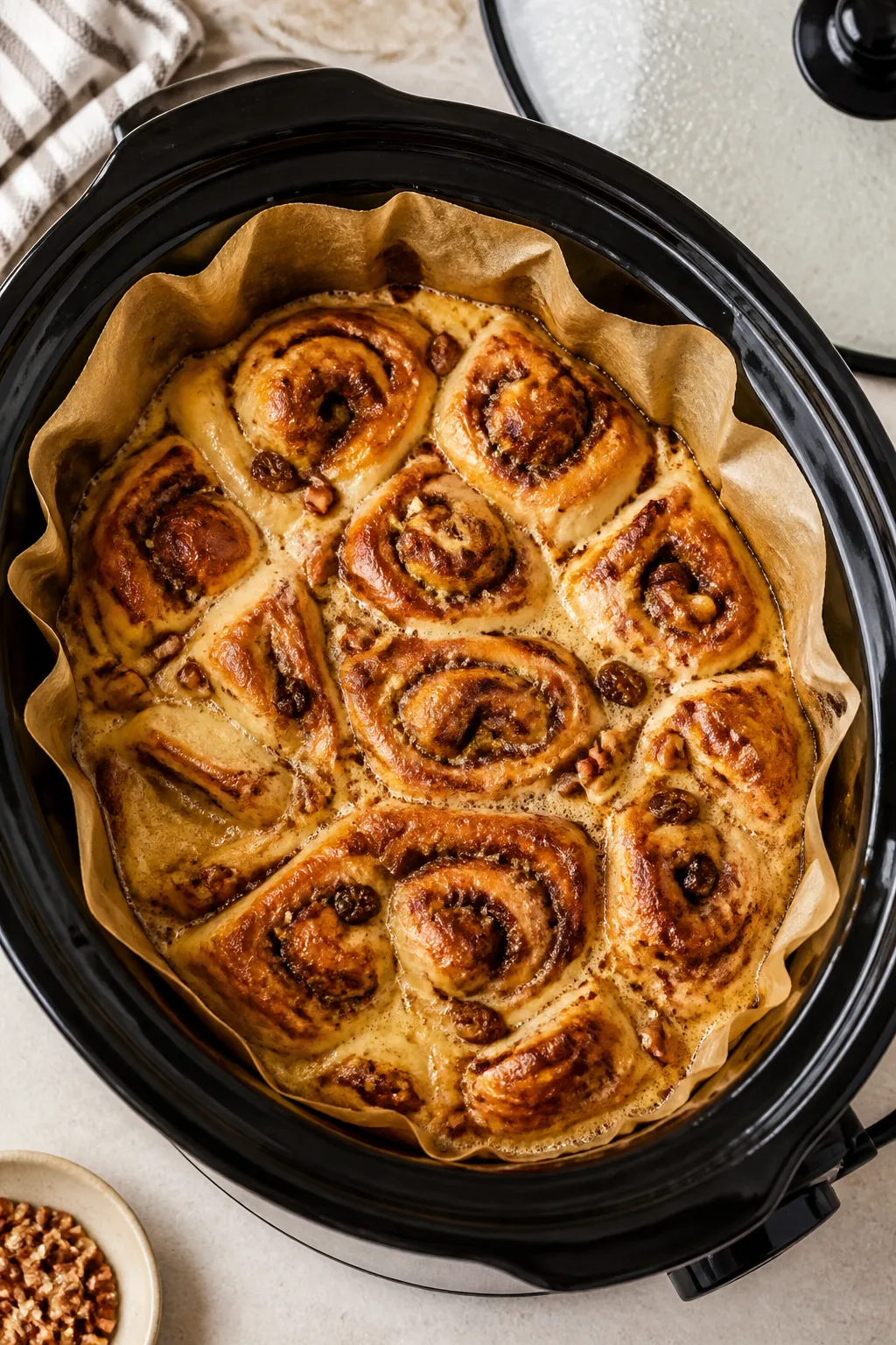 Cooking process, overhead: Overhead shot of a 5–6 quart slow cooker lined with parchment, filled w