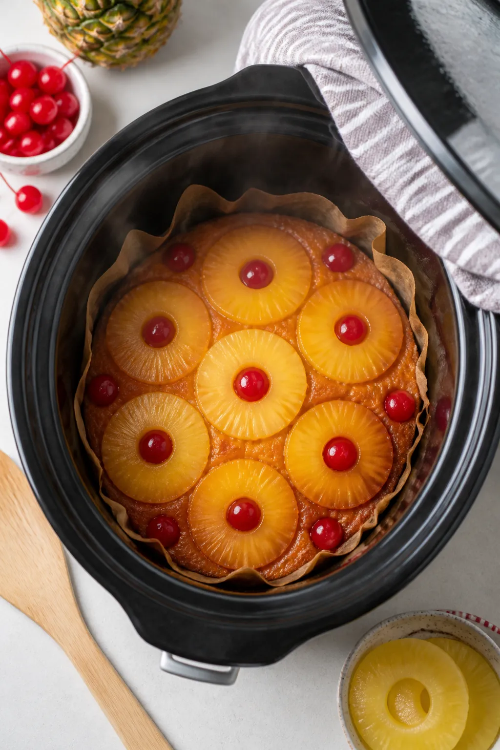 Cooking process: Overhead shot inside a lined slow cooker showing the cake set and finished after co