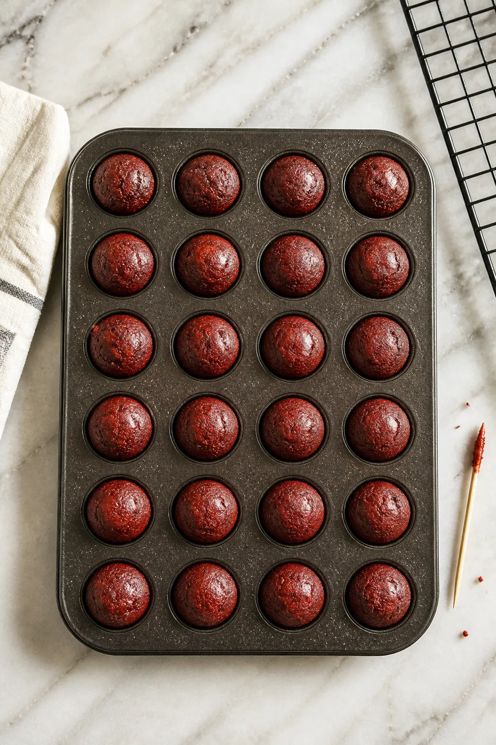 Cooking process: Overhead shot of a mini muffin pan just out of the oven with evenly domed red velve