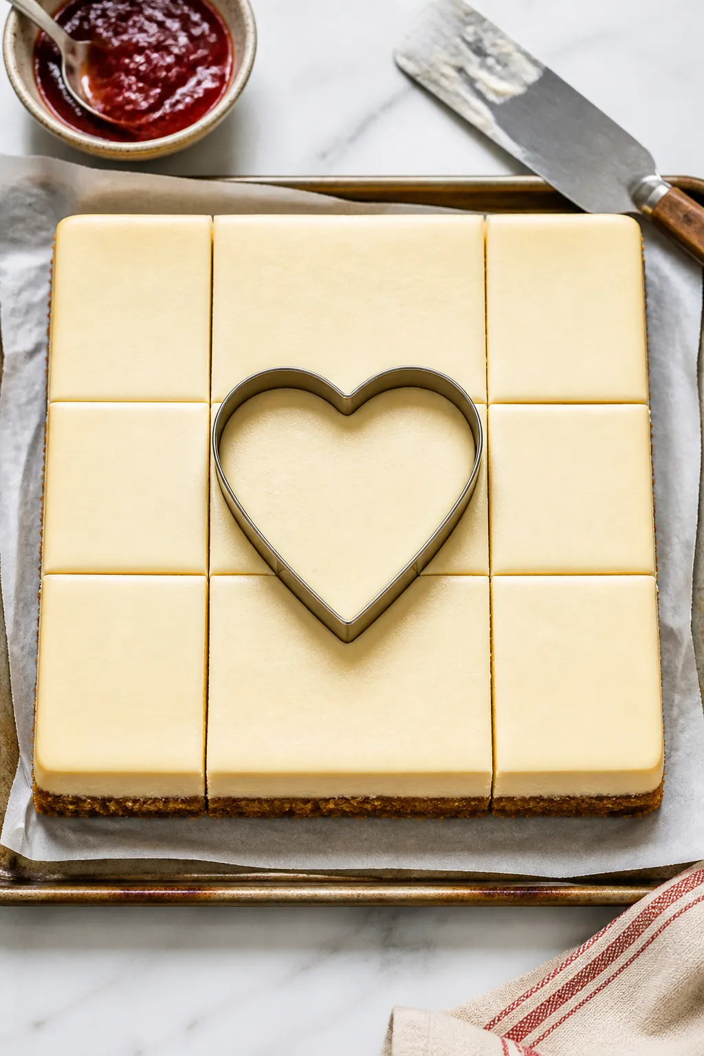 Cooking process: Overhead shot of a neatly lined 8x8-inch cheesecake slab on parchment, fully baked 