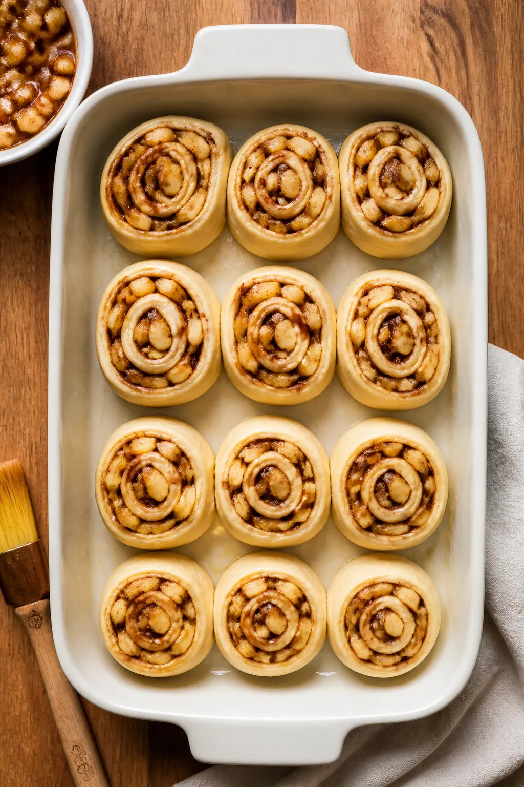 Cooking process: Overhead shot of a rolled dough log being sliced into even apple pie cinnamon rolls