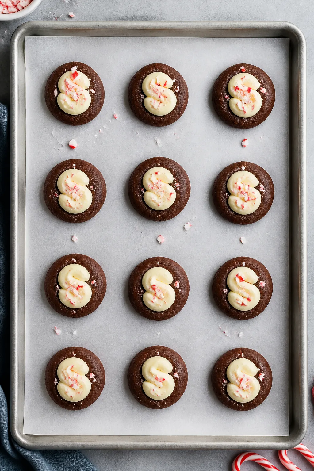 Cooking process: Overhead shot of assembled cookie dough mounds on a parchment-lined baking sheet ju
