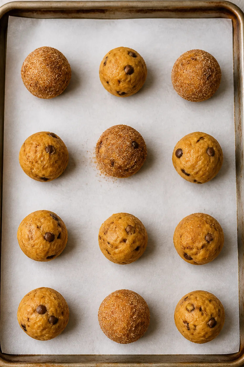Cooking process: Overhead shot of assembled stuffed cookie dough balls ready to bake on a parchment-