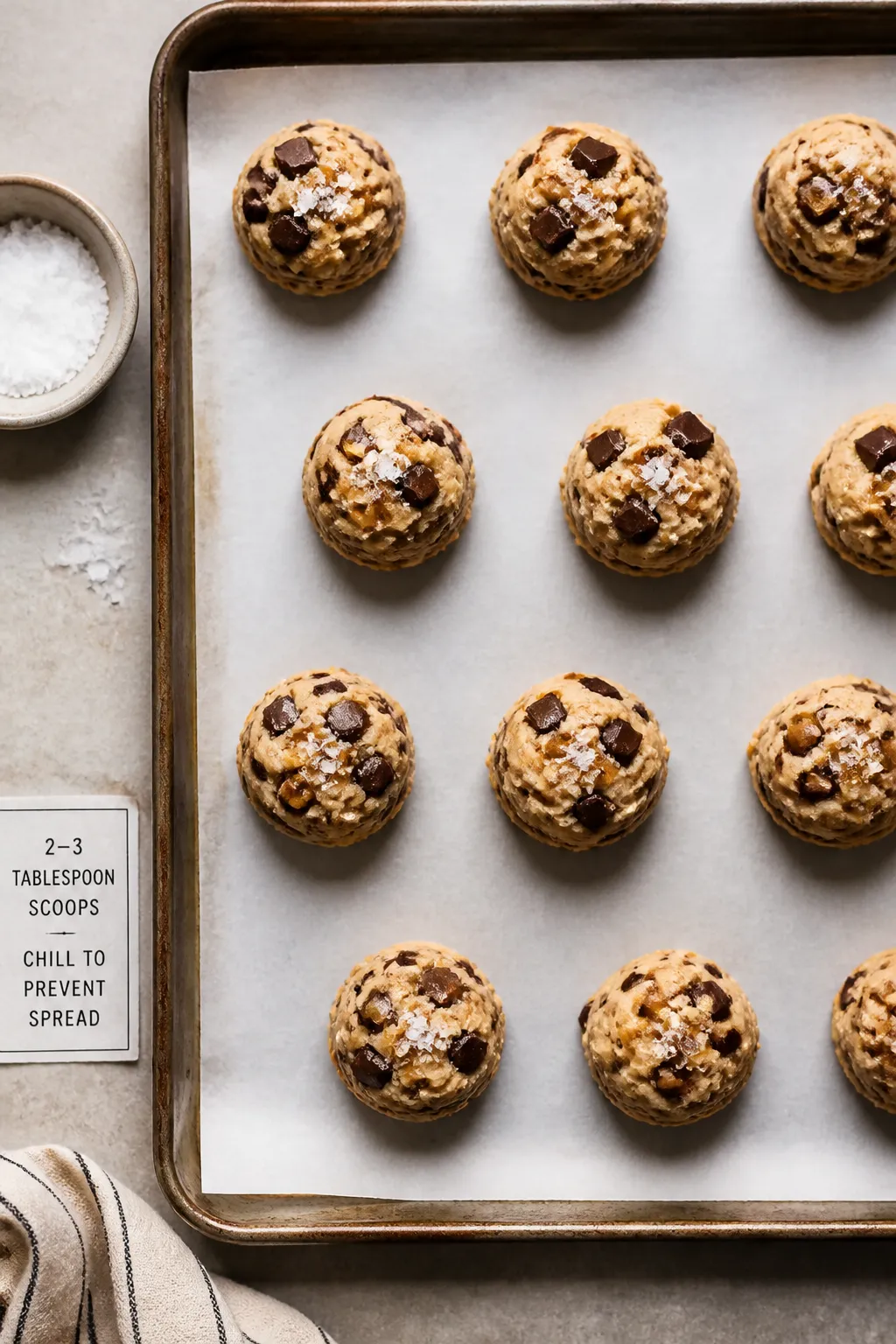 Cooking process: Overhead shot of chilled, scooped cookie dough balls arranged on a cool parchment-l