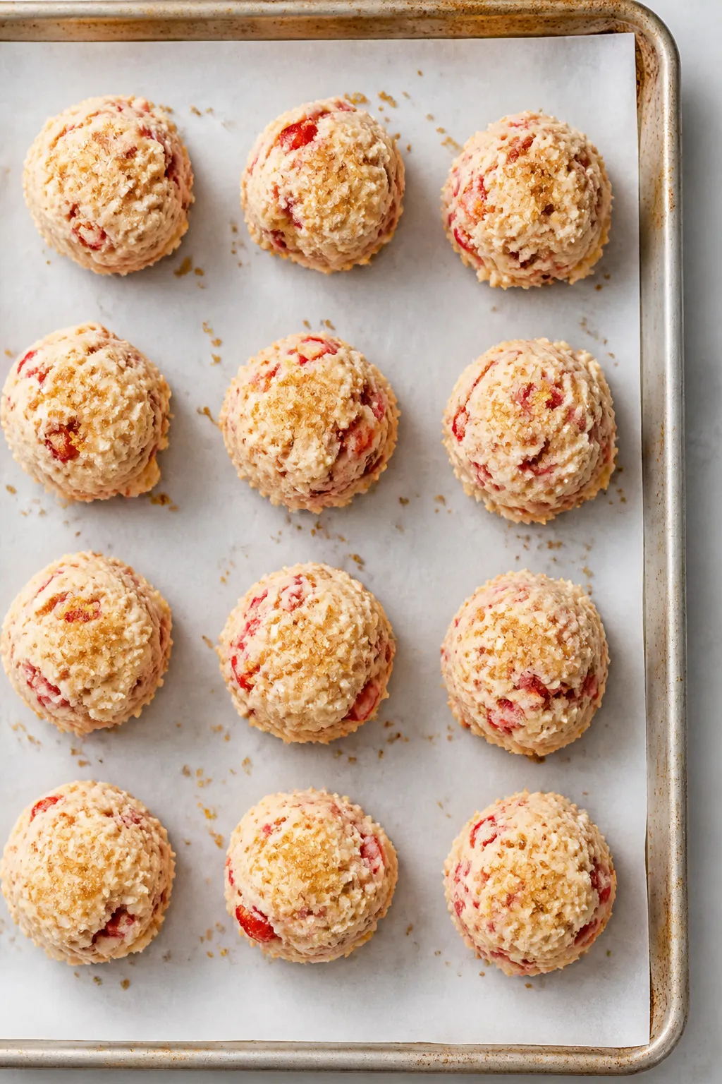 Cooking process: Overhead shot of chilled, scooped mounds of strawberry-studded dough on a parchment
