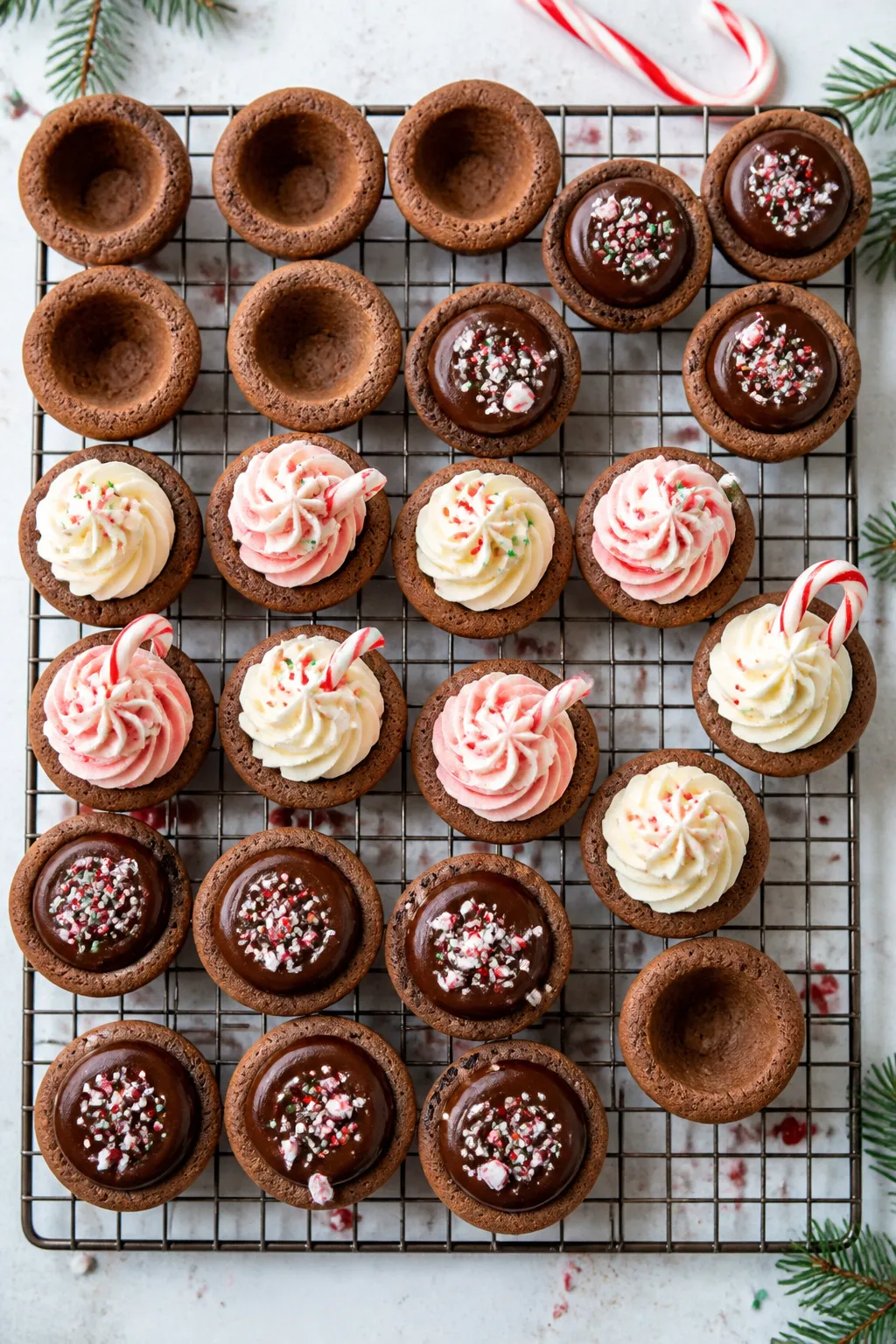 Cooking process: Overhead shot of cooled cookie cups being neatly filled—half with silky chocolate