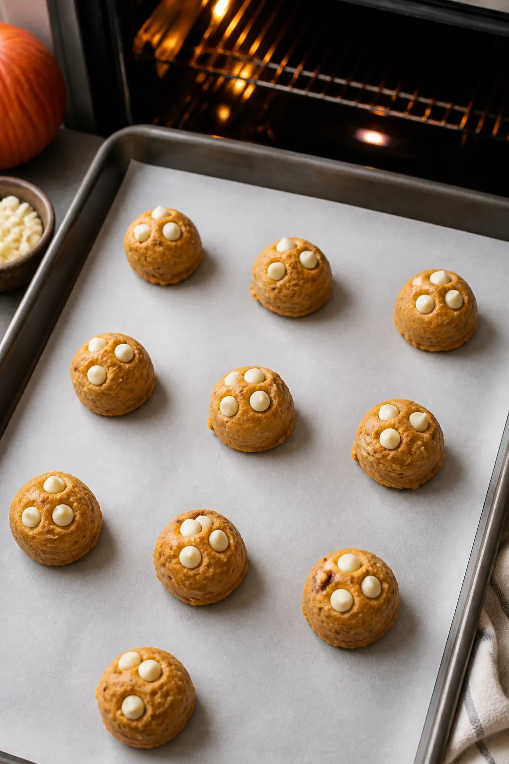 Cooking process: Overhead shot of mounded, chilled cookie dough balls arranged 2 inches apart on a p