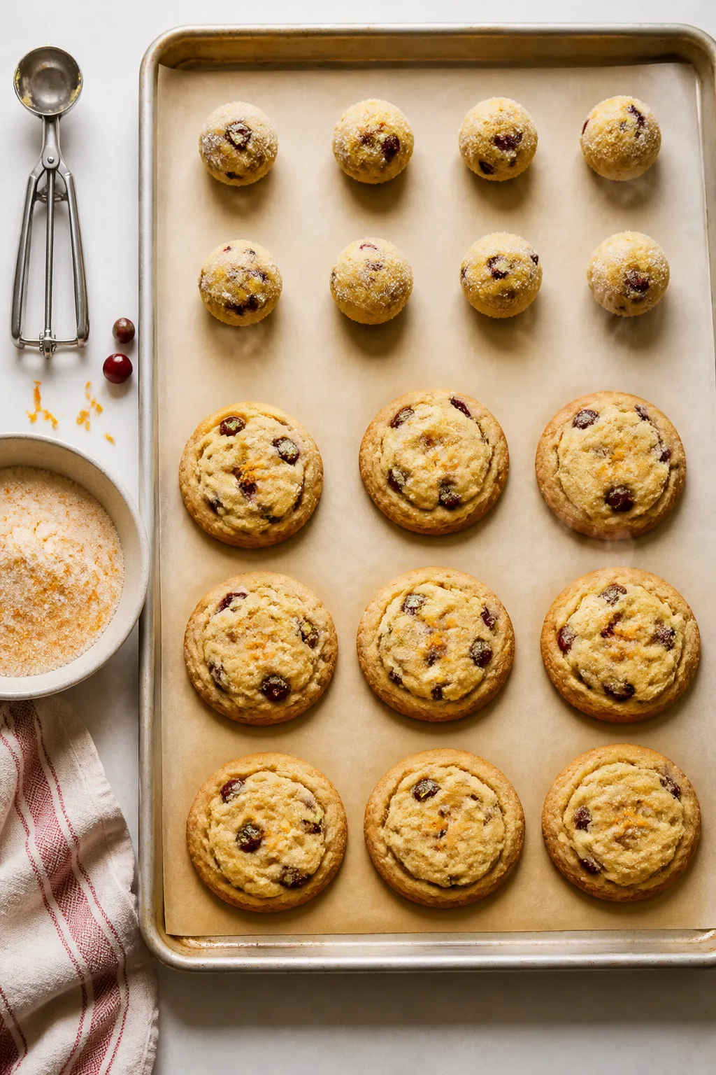 Cooking process: Overhead shot of portioned, chilled Orange Cranberry Cookie dough balls rolled in o