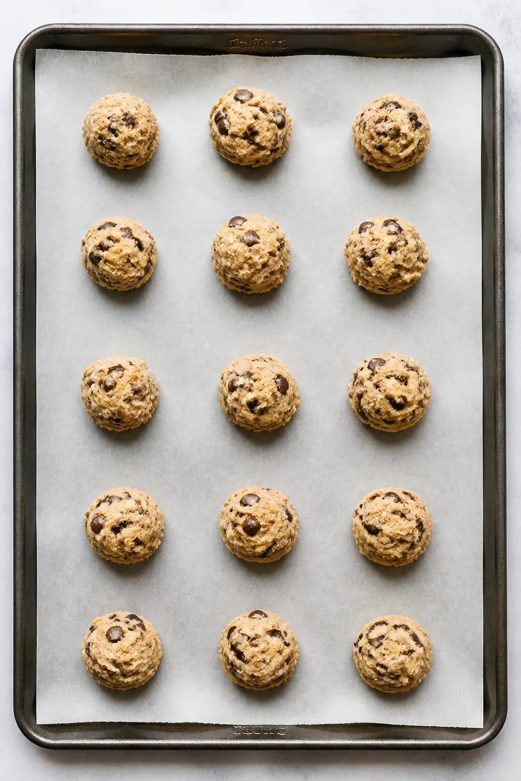 Cooking process: Overhead shot of portioned cookie dough mounds on a parchment-lined baking sheet ju