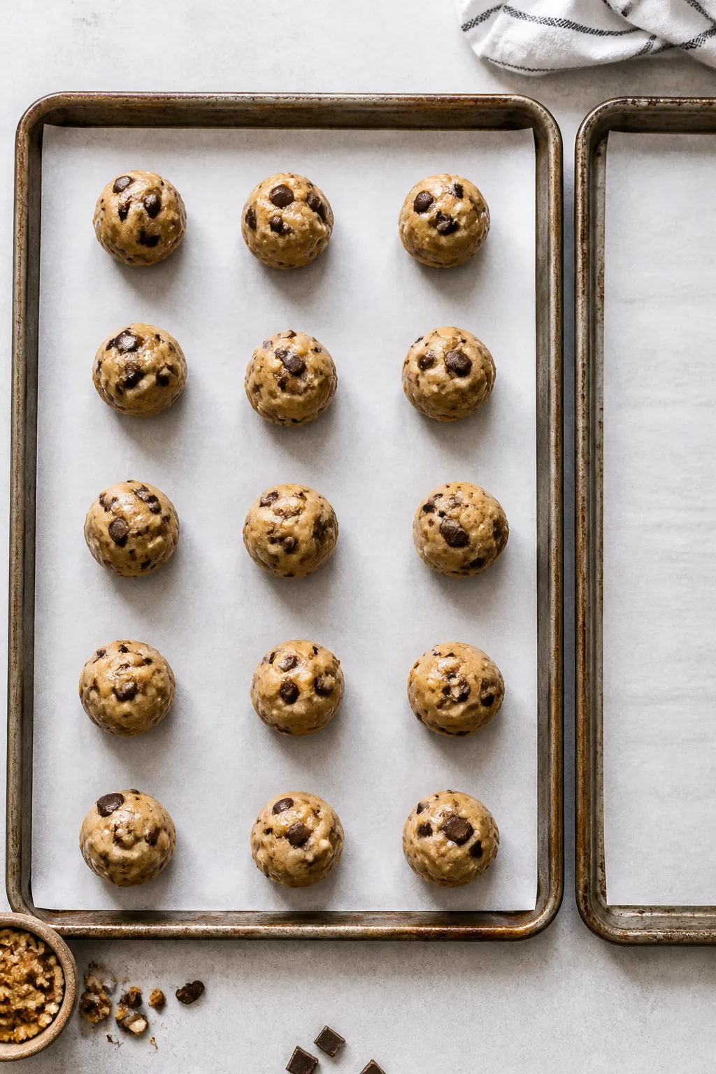 Cooking process: Overhead shot of portioned, well-chilled cookie dough balls (about 2 tablespoons ea