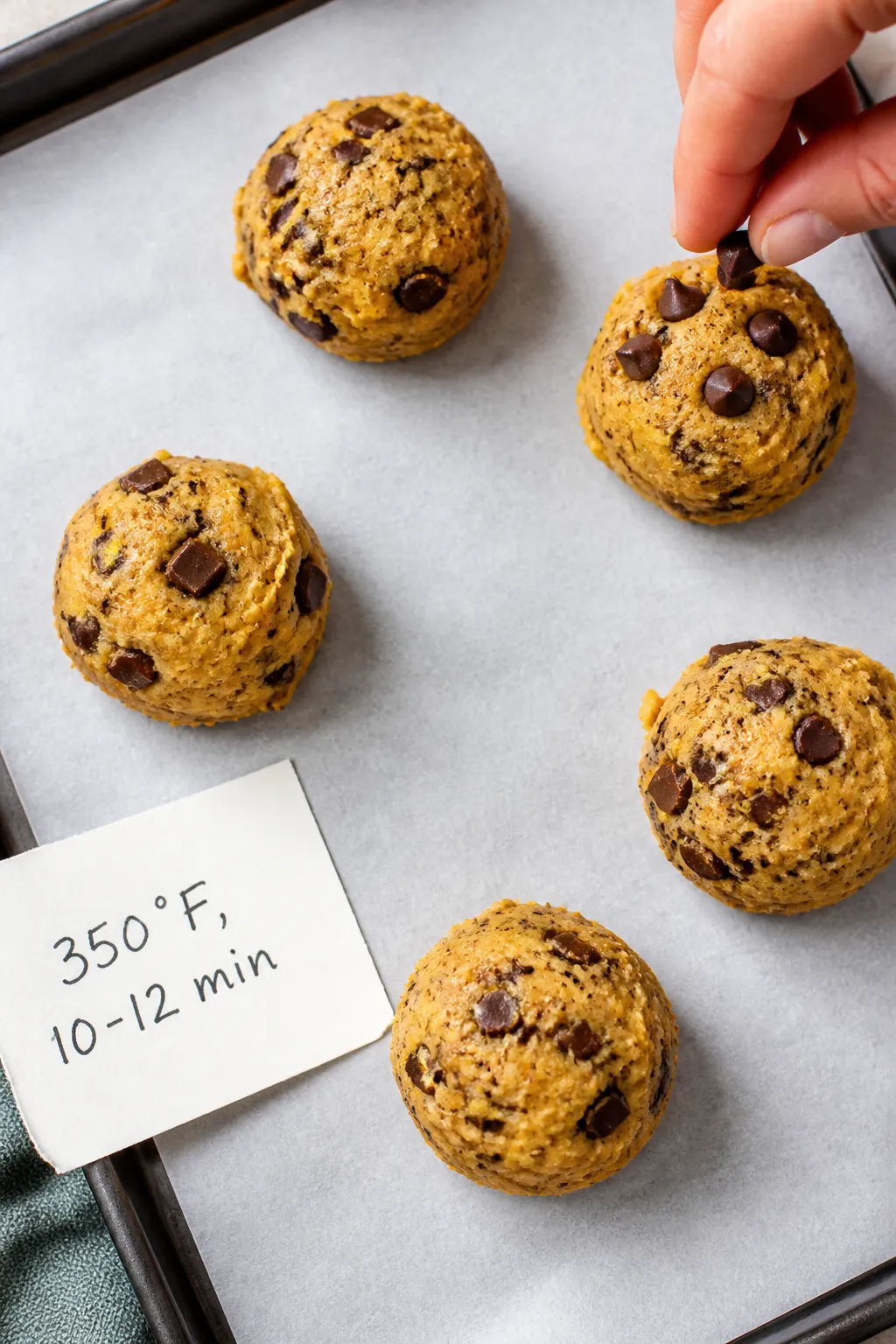 Cooking process: Overhead shot of scooped, chilled cookie dough portions (2-tablespoon scoops) on a 