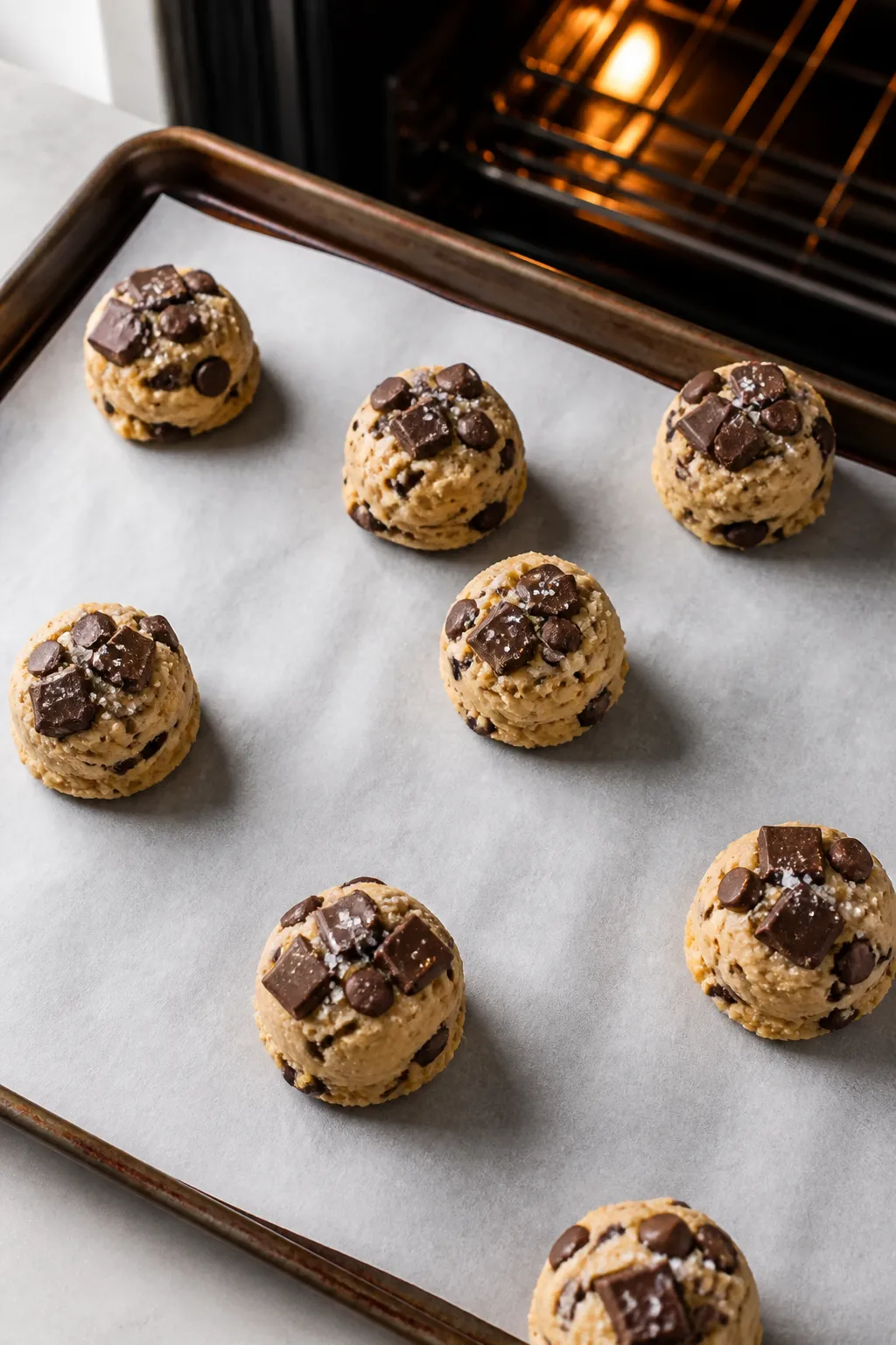 Cooking process: Overhead shot of scooped, well-chilled dough balls on a parchment-lined baking shee