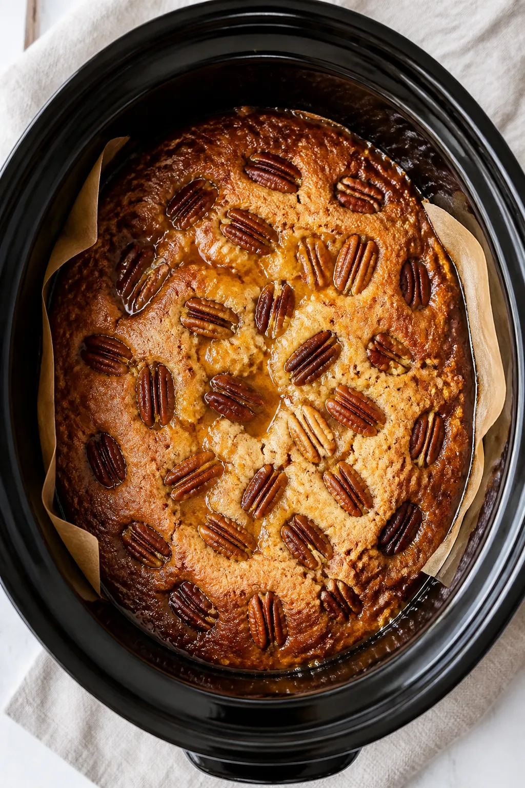 Cooking process: Overhead shot of the assembled cobbler inside a 5–6 quart slow cooker right after