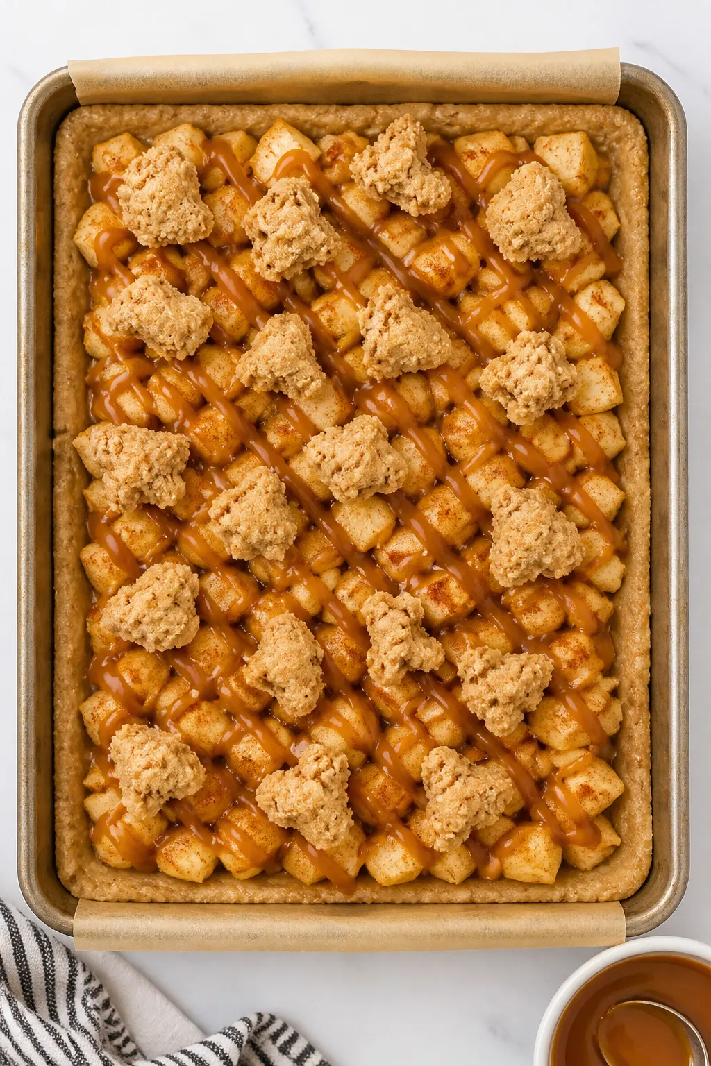 Cooking process: Overhead shot of the assembled, pre-bake stage showing two-thirds of the chewy brow