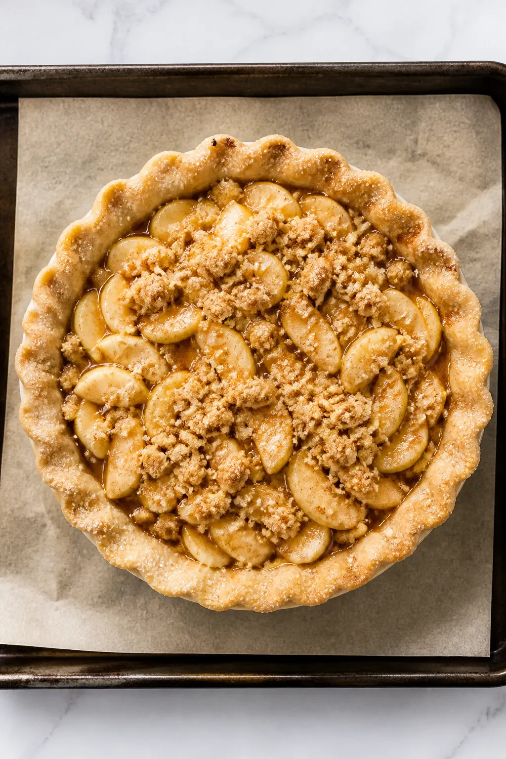 Cooking process: Overhead shot of the assembled pie just before going into the oven—apples mounded