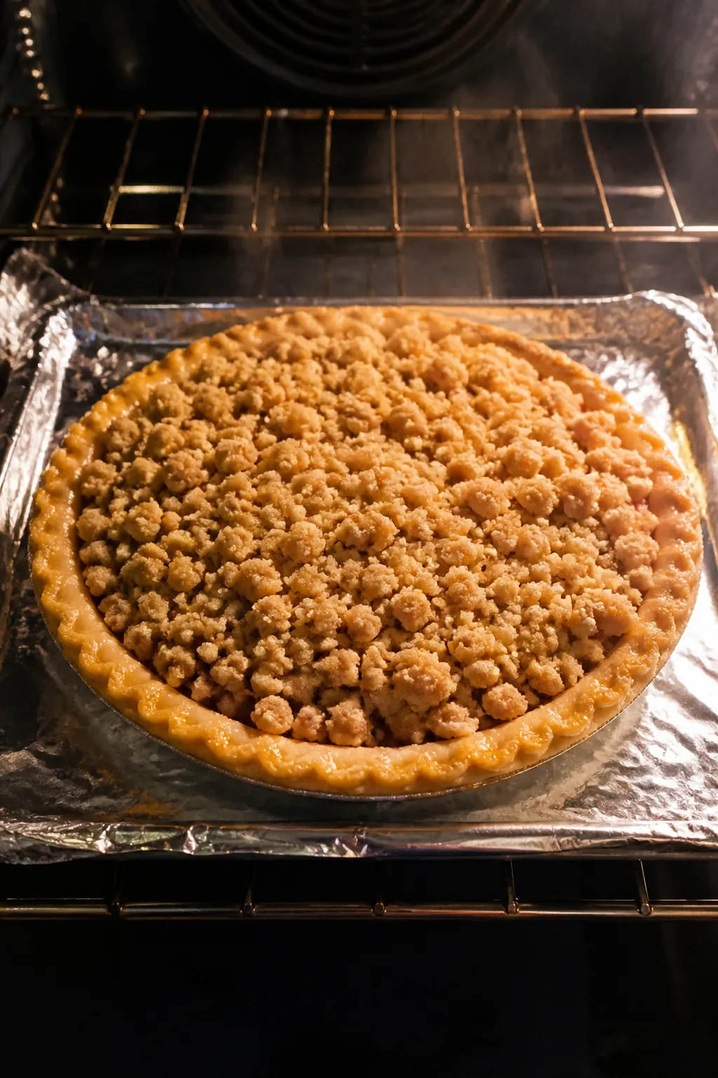 Cooking process: Overhead shot of the assembled pie before baking at 400°F—fruit mound of glossy,
