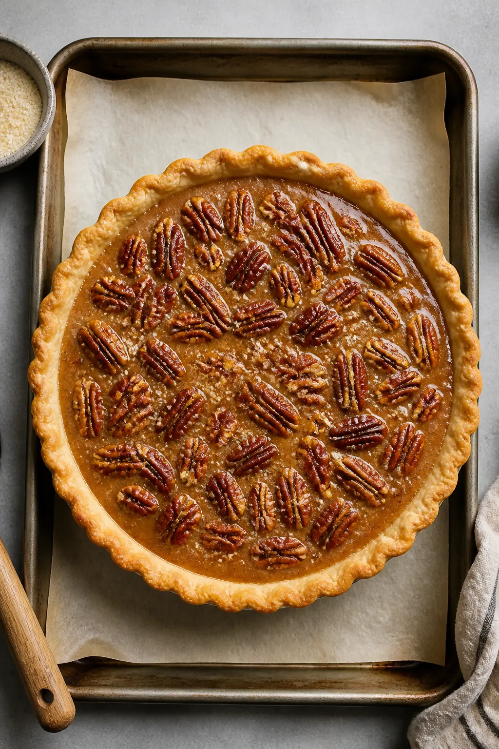 Cooking process: Overhead shot of the assembled pie just before baking, showing toasted pecans evenl