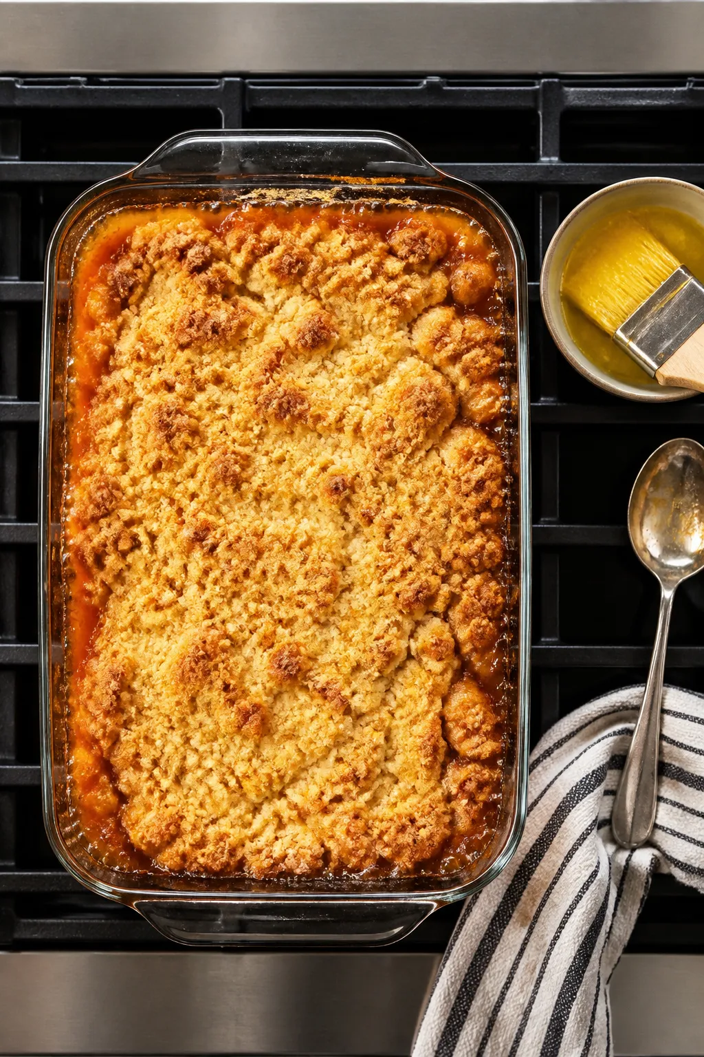 Cooking process: Overhead shot of the dump cake mid-bake in a 9x13 dish just pulled from the oven at
