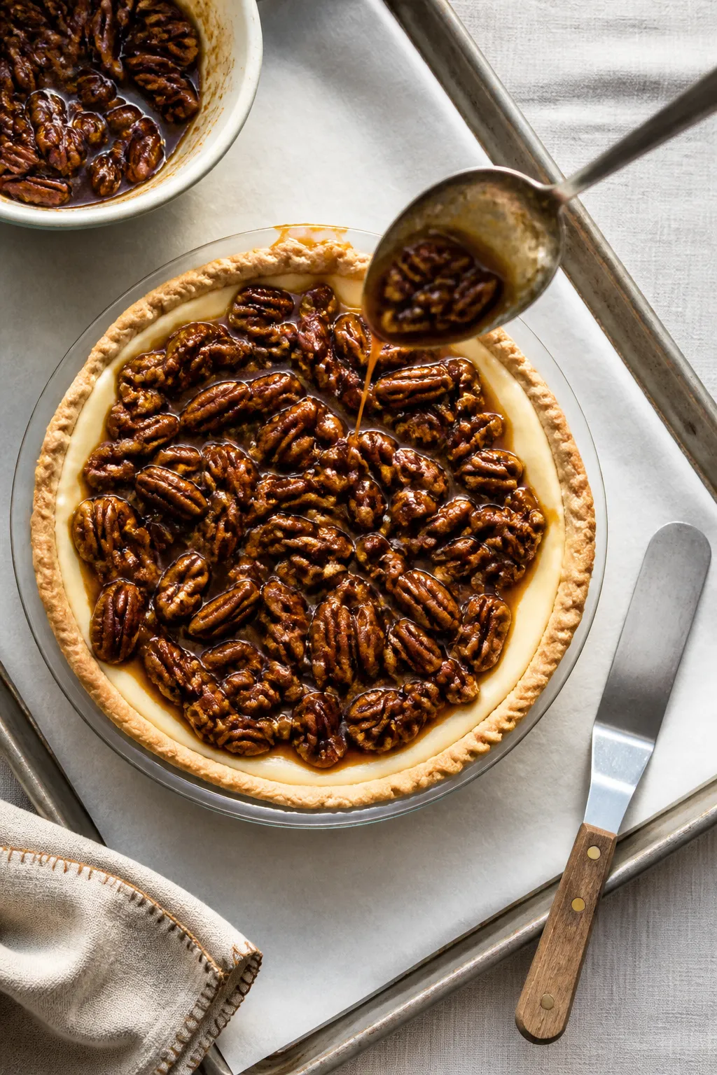 Cooking process: Overhead shot of the maple pecan topping being spooned over the set cheesecake laye