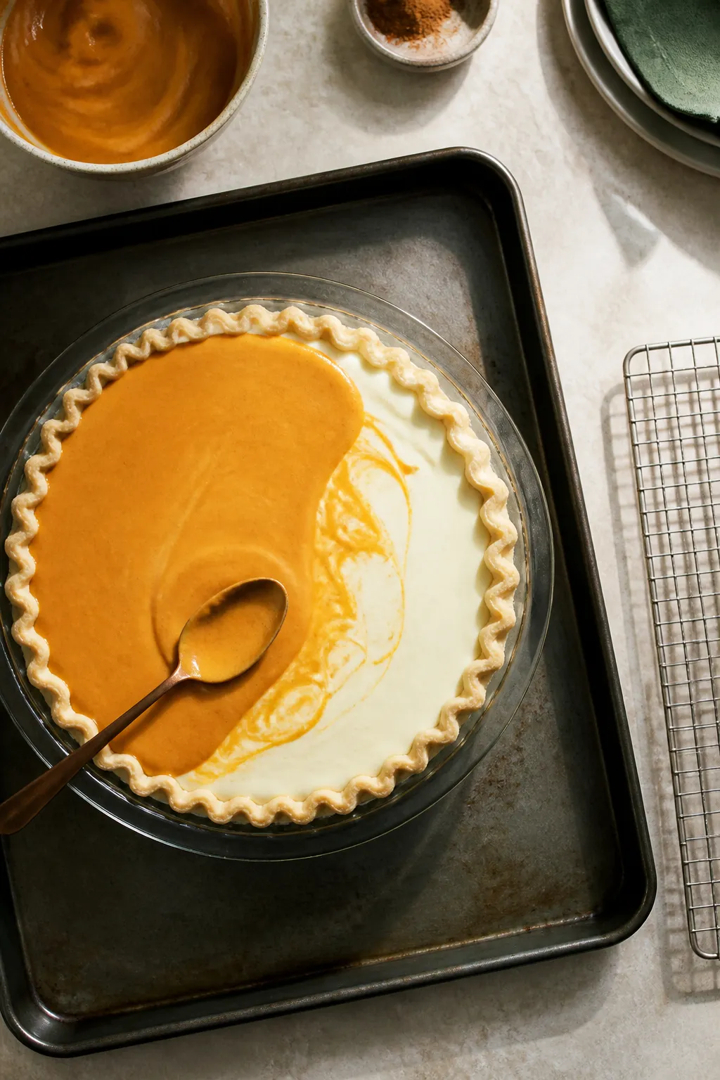 Cooking process: Overhead shot of the pie just after layering, showing the pumpkin custard being gen