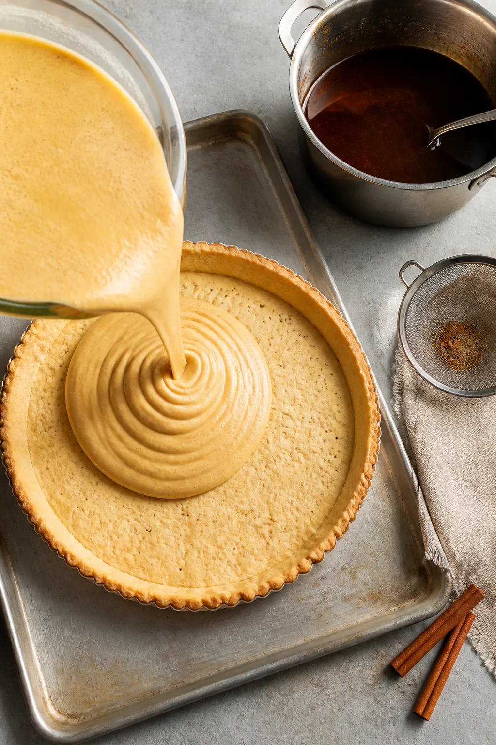 Cooking process: Overhead shot of the strained custard filling being poured into the par-baked 9-inc