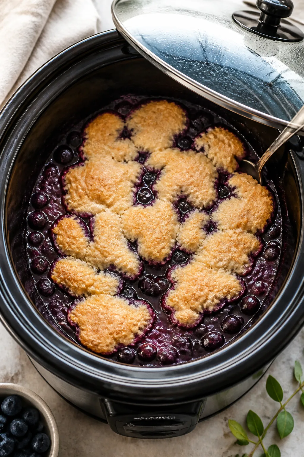 Cooking process, overhead: Slow cooker blueberry cobbler mid-cook with the lid slightly propped by a