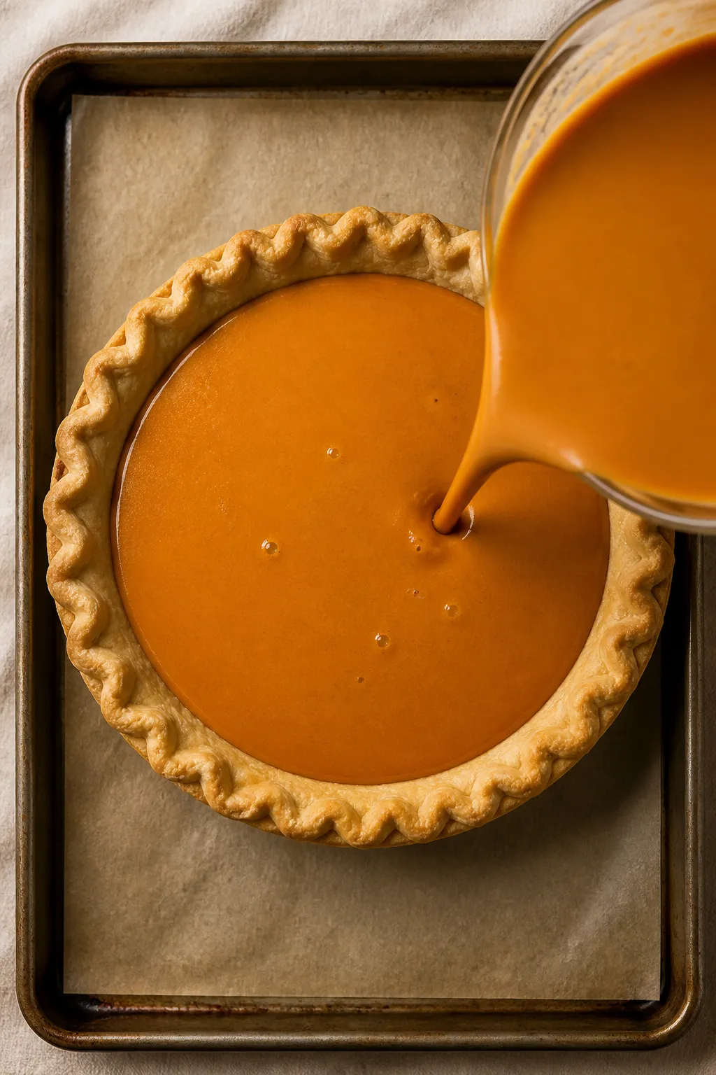 Cooking process: Par-baked 9-inch pie crust on a rimmed baking sheet being filled with the smooth pu